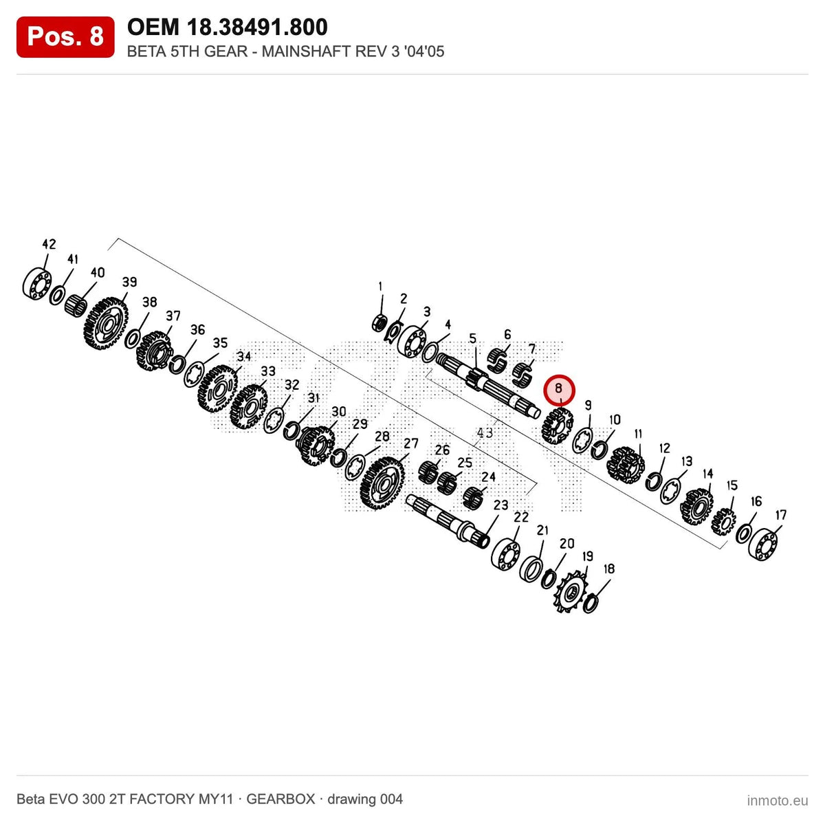 BETA 5TH GEAR - MAINSHAFT REV 3 '04'05 – OEM 18.38491.800, position 8 on the Beta EVO 300 2T FACTORY MY11 gearbox drawing