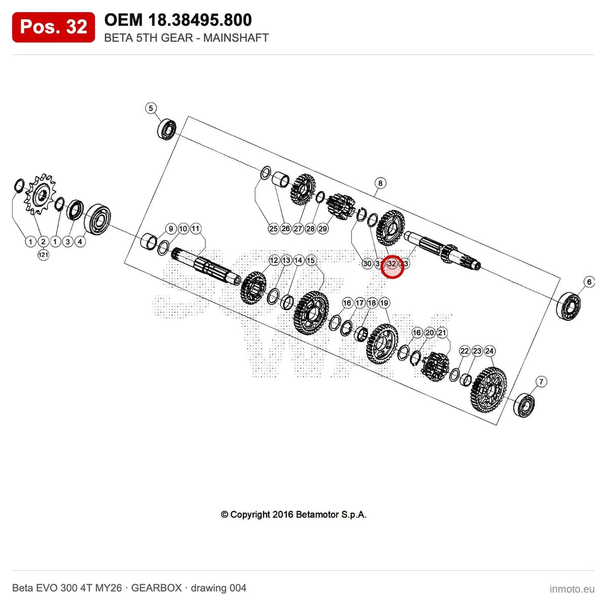 BETA 5TH GEAR - MAINSHAFT – OEM 18.38495.800, position 32 on the Beta EVO 300 4T MY26 gearbox drawing