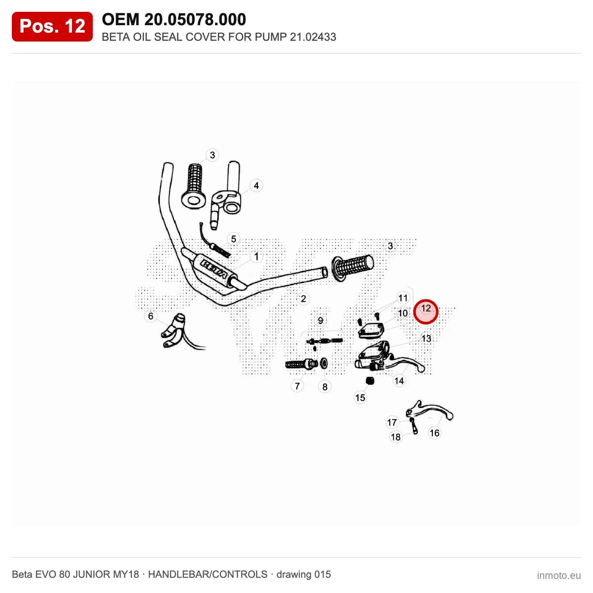 BETA OIL SEAL COVER FOR PUMP 21.02433 – OEM 20.05078.000, position 12 on the Beta EVO 80 JUNIOR MY18 handlebar/controls drawing
