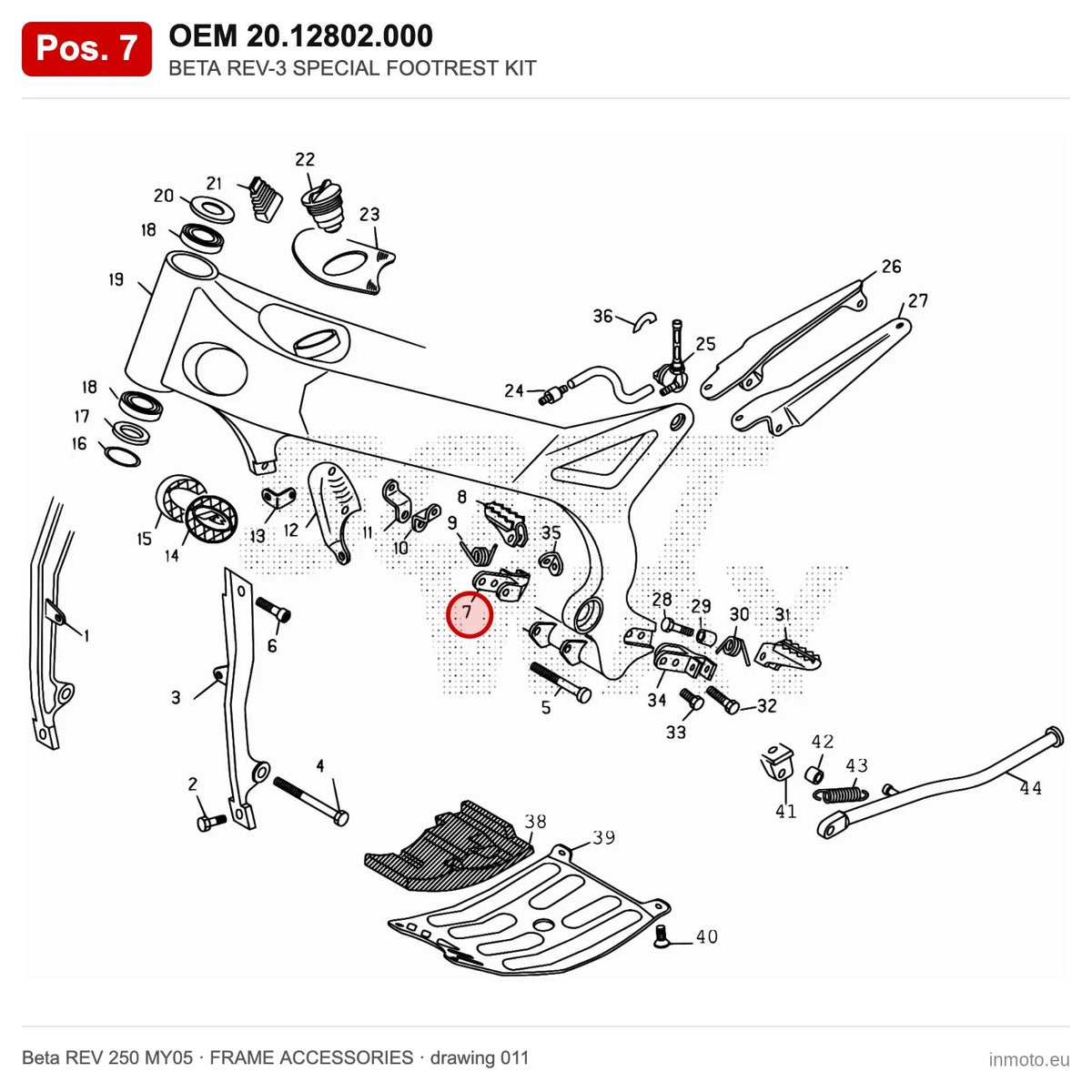 BETA REV-3 SPECIAL FOOTREST KIT – OEM 20.12802.000, position 7 on the Beta REV 250 MY05 frame accessories drawing