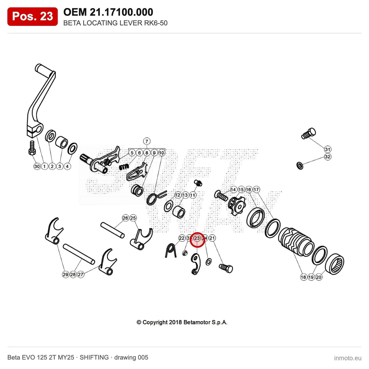 BETA LOCATING LEVER RK6-50 – OEM 21.17100.000, position 23 on the Beta EVO 125 2T MY25 shifting drawing