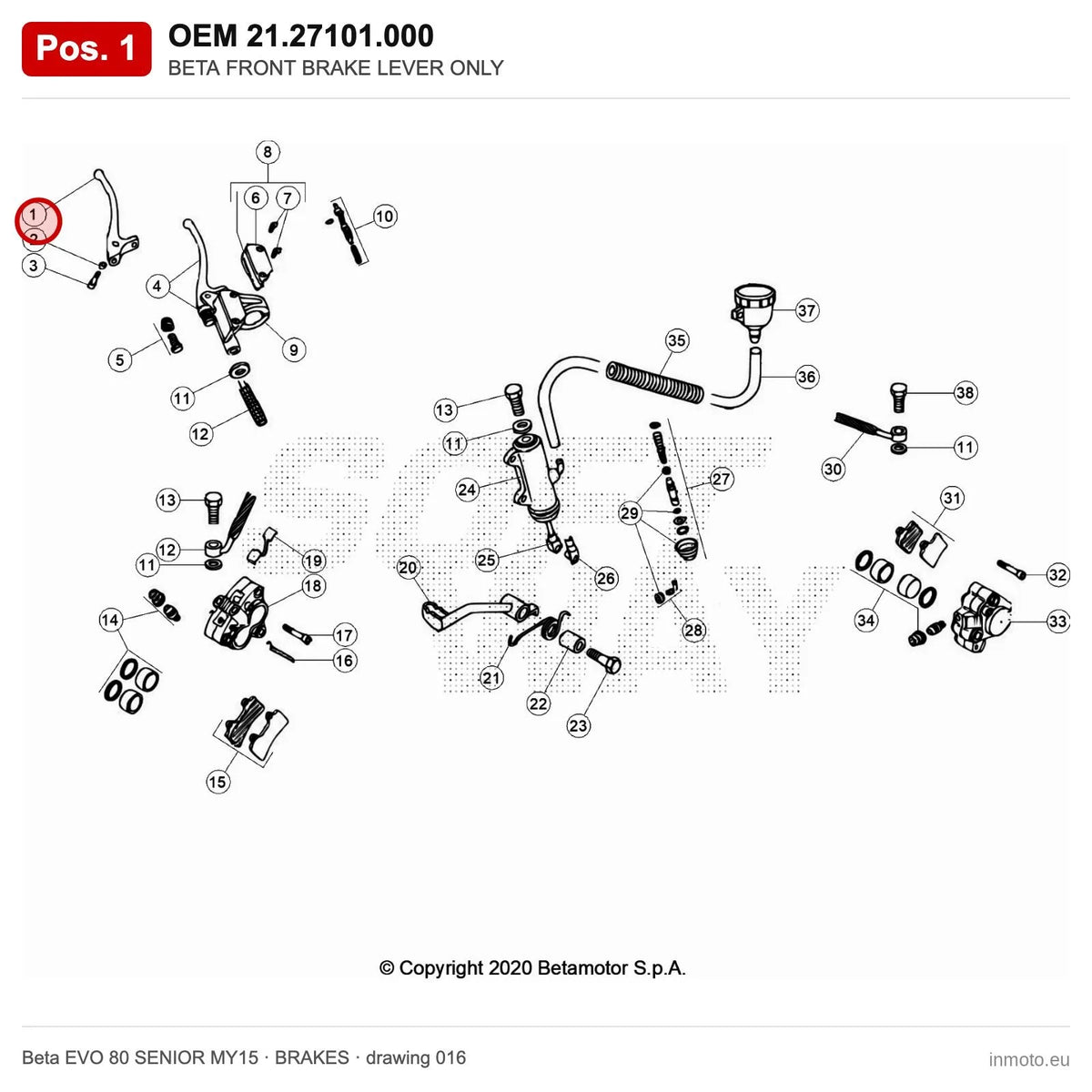 BETA FRONT BRAKE LEVER ONLY – OEM 21.27101.000, position 1 on the Beta EVO 80 SENIOR MY15 brakes drawing