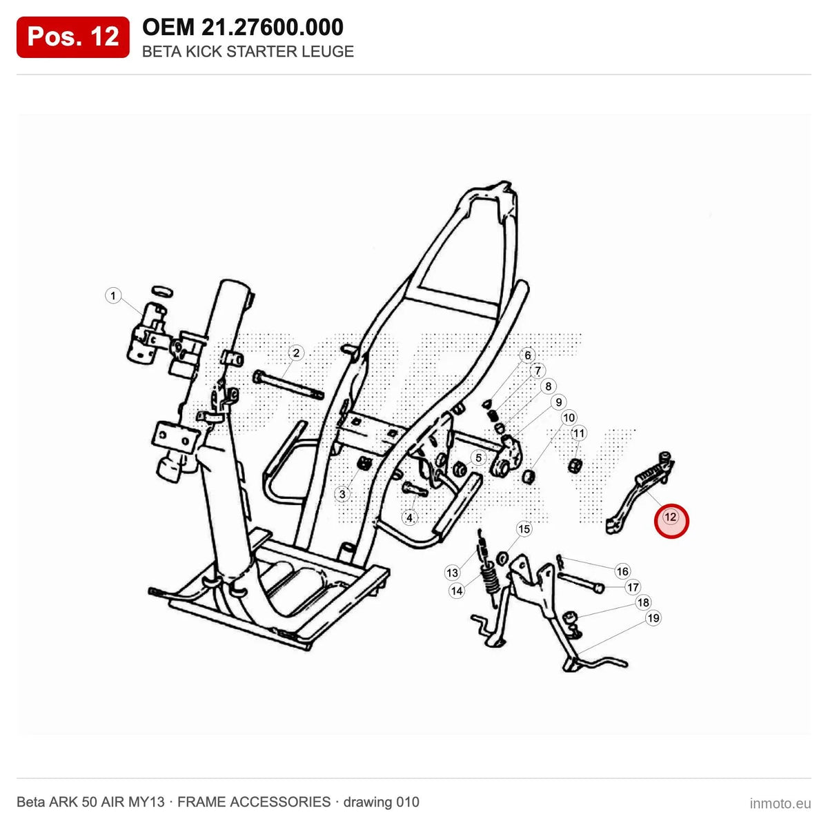 BETA KICK STARTER LEUGE – OEM 21.27600.000, position 12 on the Beta ARK 50 AIR MY13 frame accessories drawing