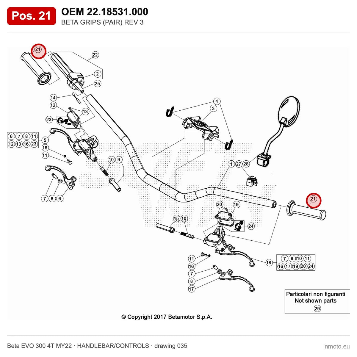 BETA GRIPS (PAIR) REV 3 – OEM 22.18531.000, position 21 on the Beta EVO 300 4T MY22 handlebar/controls drawing