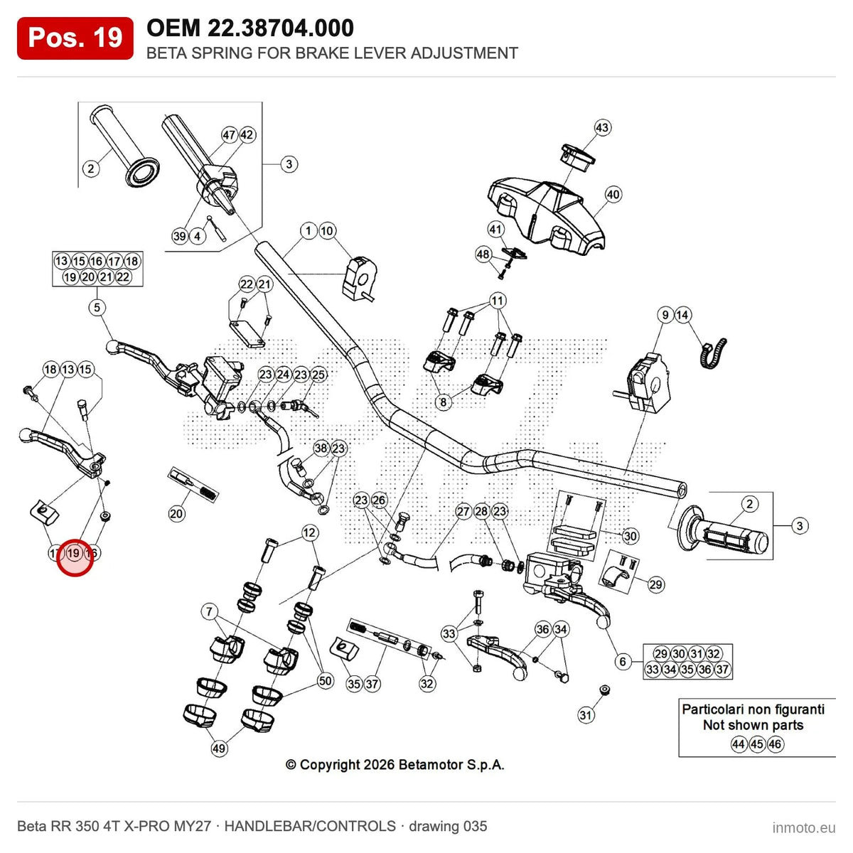 BETA SPRING FOR BRAKE LEVER ADJUSTMENT – OEM 22.38704.000, position 19 on the Beta RR 350 4T X-PRO MY27 handlebar/controls drawing
