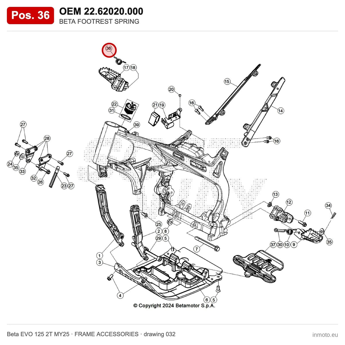 BETA FOOTREST SPRING – OEM 22.62020.000, position 36 on the Beta EVO 125 2T MY25 frame accessories drawing