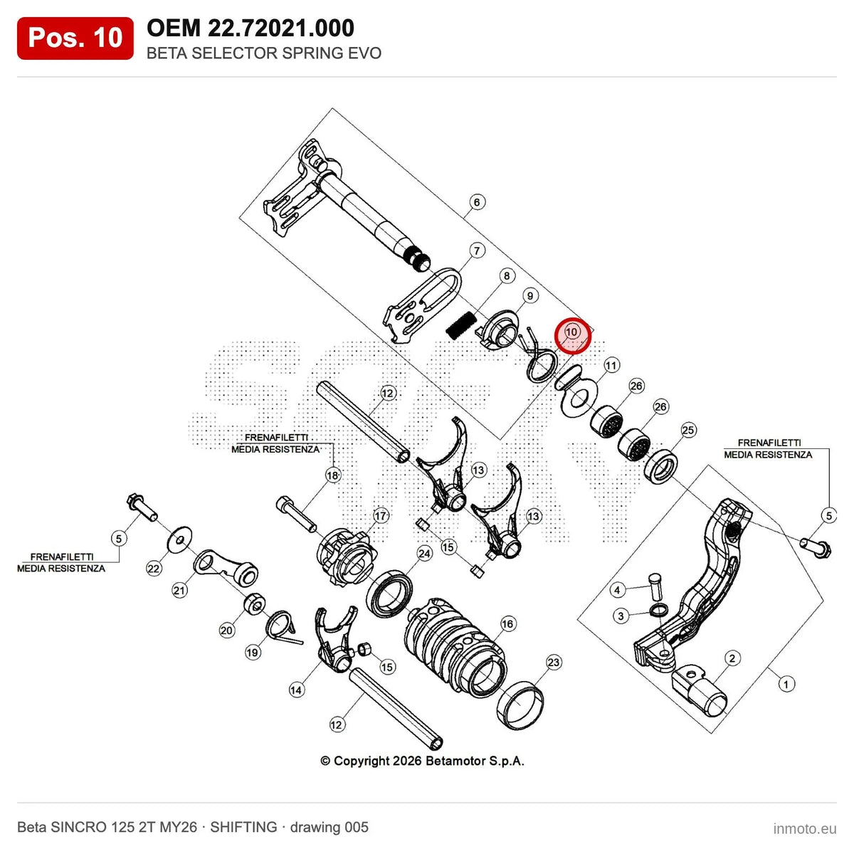 BETA SELECTOR SPRING EVO – OEM 22.72021.000, position 10 on the Beta SINCRO 125 2T MY26 shifting drawing