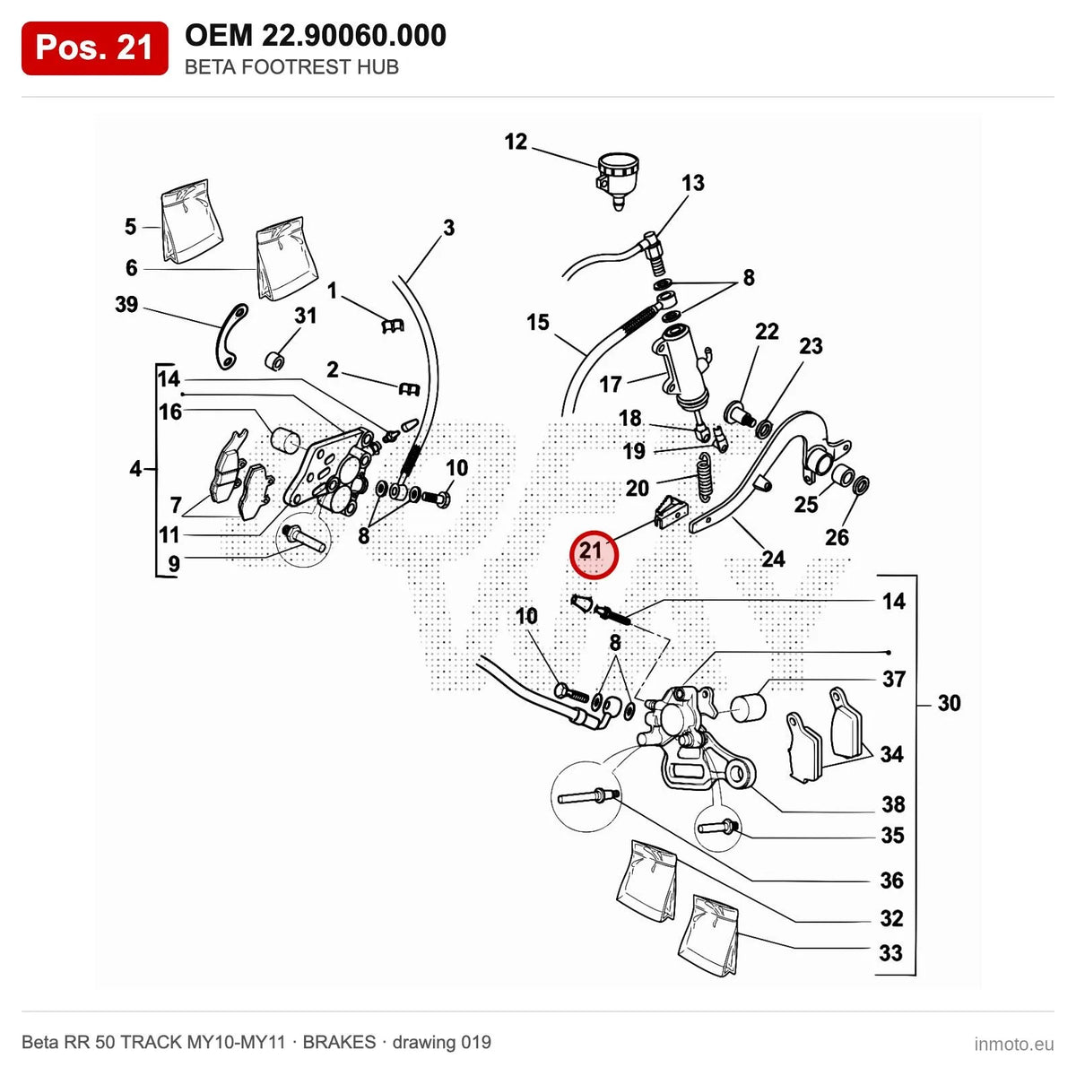 BETA FOOTREST HUB – OEM 22.90060.000, position 21 on the Beta RR 50 TRACK MY10-MY11 brakes drawing