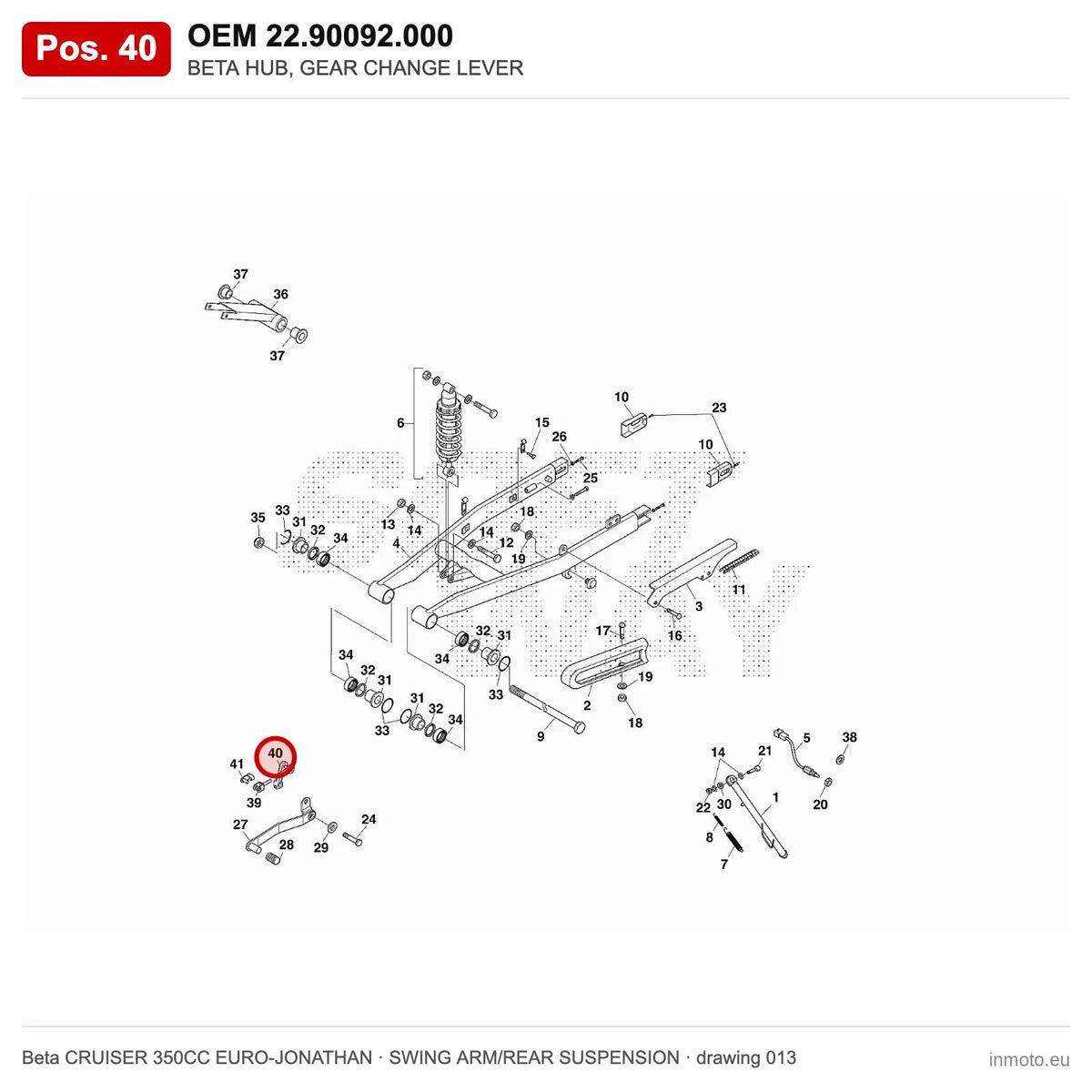 BETA HUB, GEAR CHANGE LEVER – OEM 22.90092.000, position 40 on the Beta CRUISER 350CC EURO-JONATHAN swing arm/rear suspension drawing