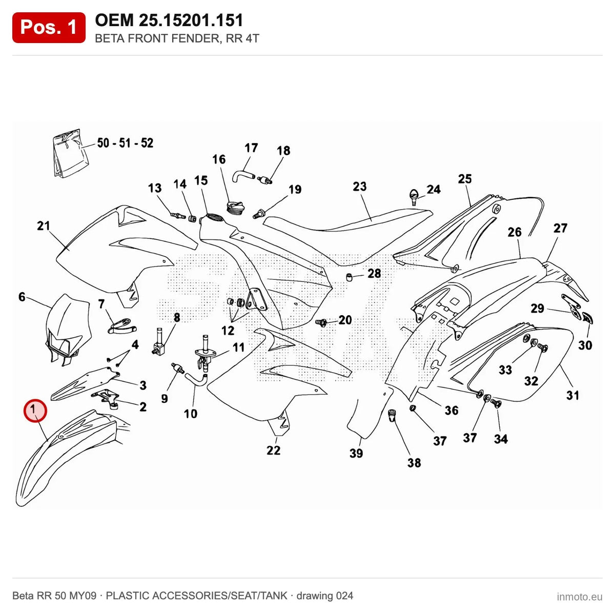 BETA FRONT FENDER, RR 4T – OEM 25.15201.151, position 1 on the Beta RR 50 MY09 plastic accessories/seat/tank drawing