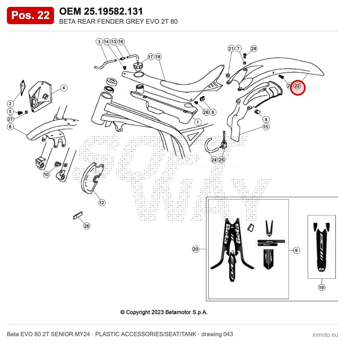 BETA REAR FENDER GREY EVO 2T 80 – OEM 25.19582.131, position 22 on the Beta EVO 80 2T SENIOR MY24 plastic accessories/seat/tank drawing