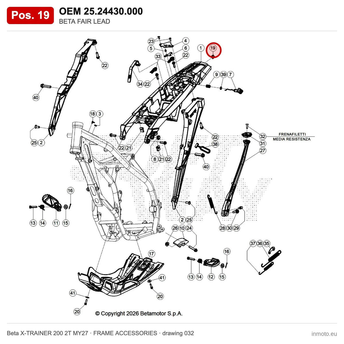 BETA FAIR LEAD – OEM 25.24430.000, position 19 on the Beta X-TRAINER 200 2T MY27 frame accessories drawing
