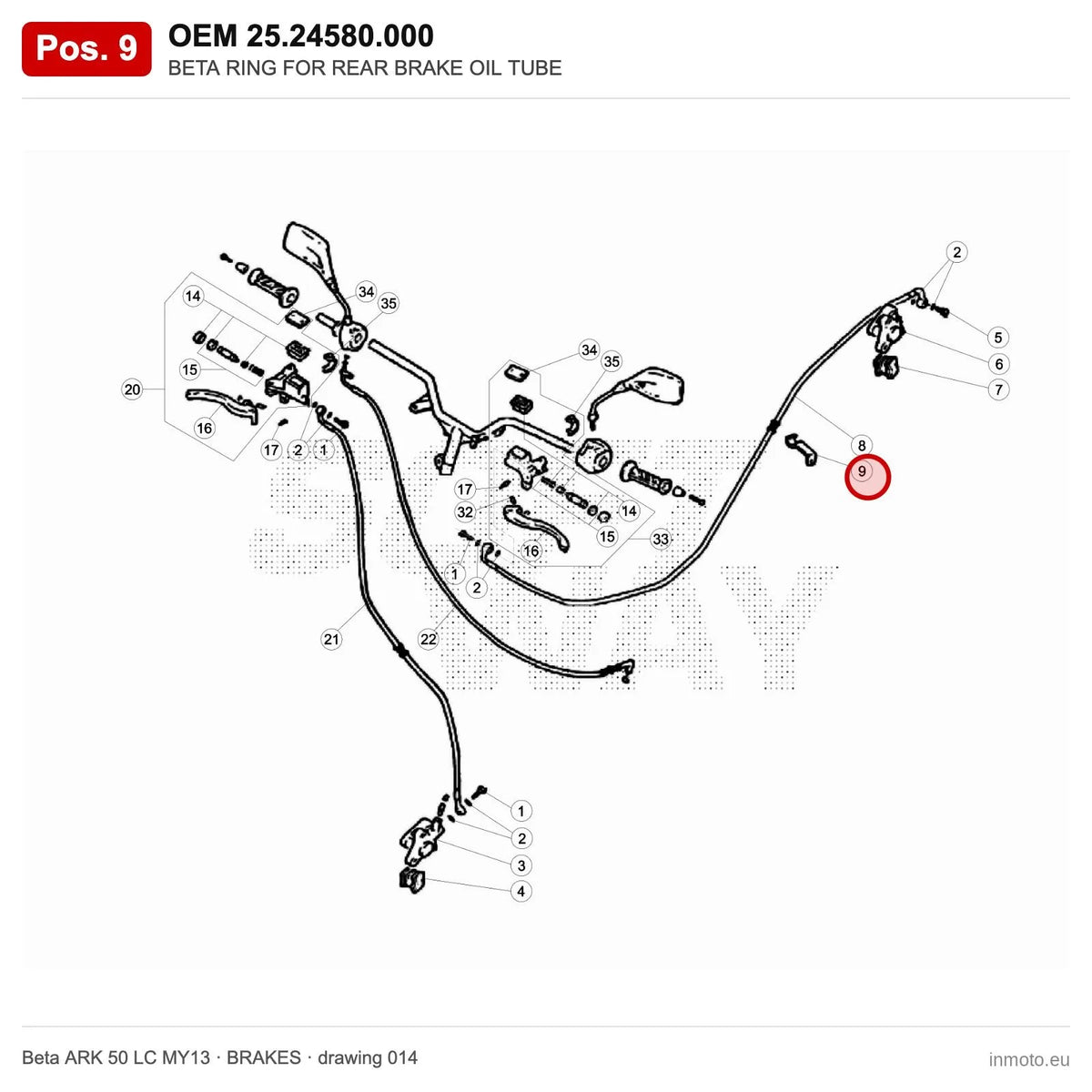BETA RING FOR REAR BRAKE OIL TUBE – OEM 25.24580.000, position 9 on the Beta ARK 50 LC MY13 brakes drawing