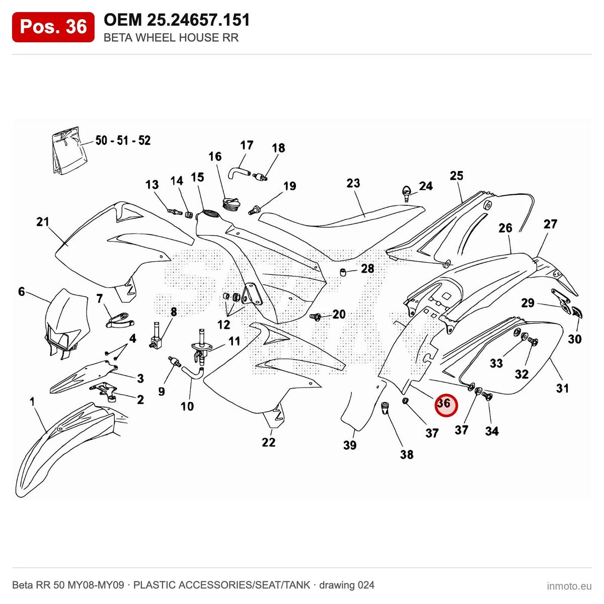 BETA WHEEL HOUSE RR – OEM 25.24657.151, position 36 on the Beta RR 50 MY08-MY09 plastic accessories/seat/tank drawing