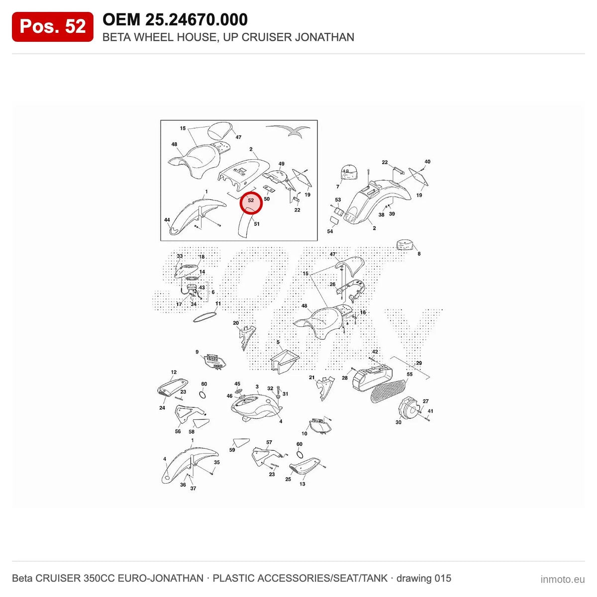 BETA WHEEL HOUSE, UP CRUISER JONATHAN – OEM 25.24670.000, position 52 on the Beta CRUISER 350CC EURO-JONATHAN plastic accessories/seat/tank drawing