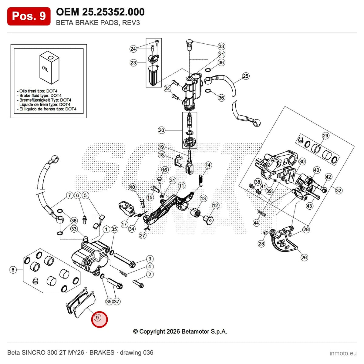 BETA BRAKE PADS, REV3 – OEM 25.25352.000, position 9 on the Beta SINCRO 300 2T MY26 brakes drawing
