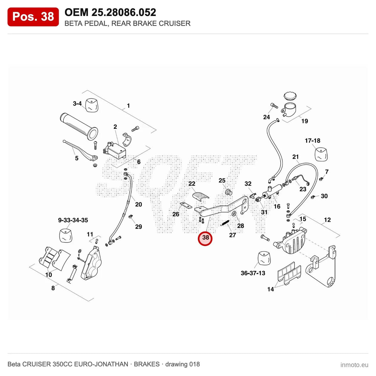 BETA PEDAL, REAR BRAKE CRUISER – OEM 25.28086.052, position 38 on the Beta CRUISER 350CC EURO-JONATHAN brakes drawing