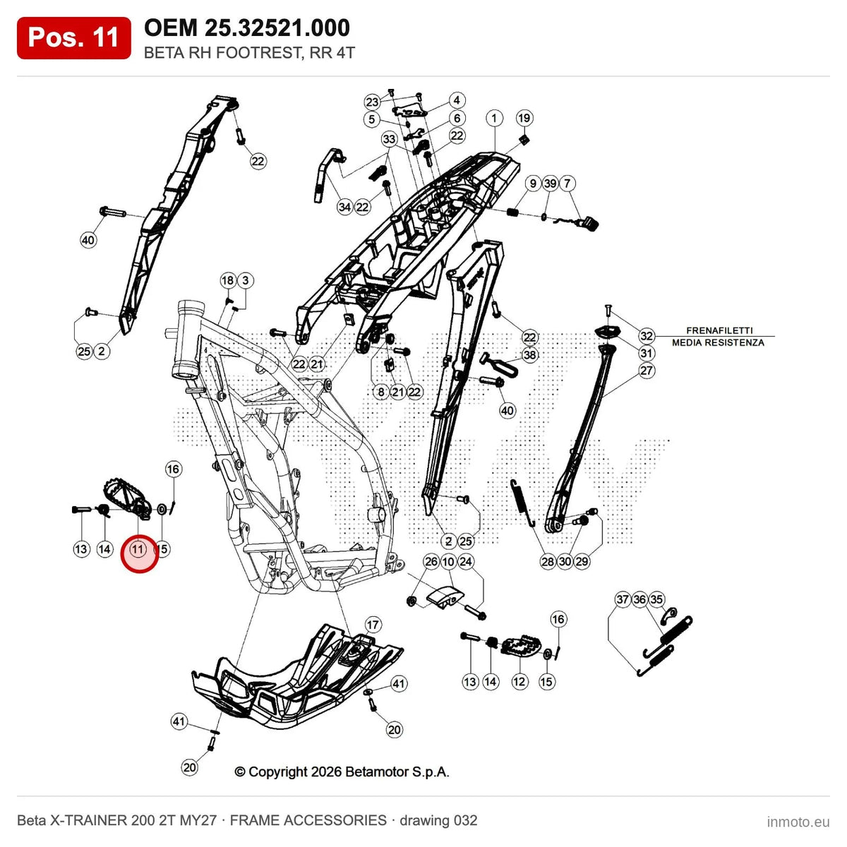 BETA RH FOOTREST, RR 4T – OEM 25.32521.000, position 11 on the Beta X-TRAINER 200 2T MY27 frame accessories drawing