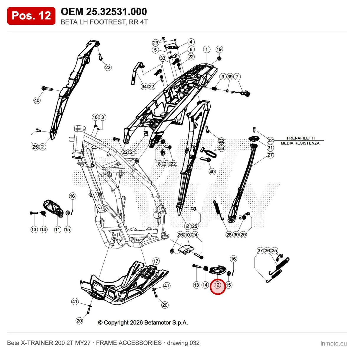 BETA LH FOOTREST, RR 4T – OEM 25.32531.000, position 12 on the Beta X-TRAINER 200 2T MY27 frame accessories drawing