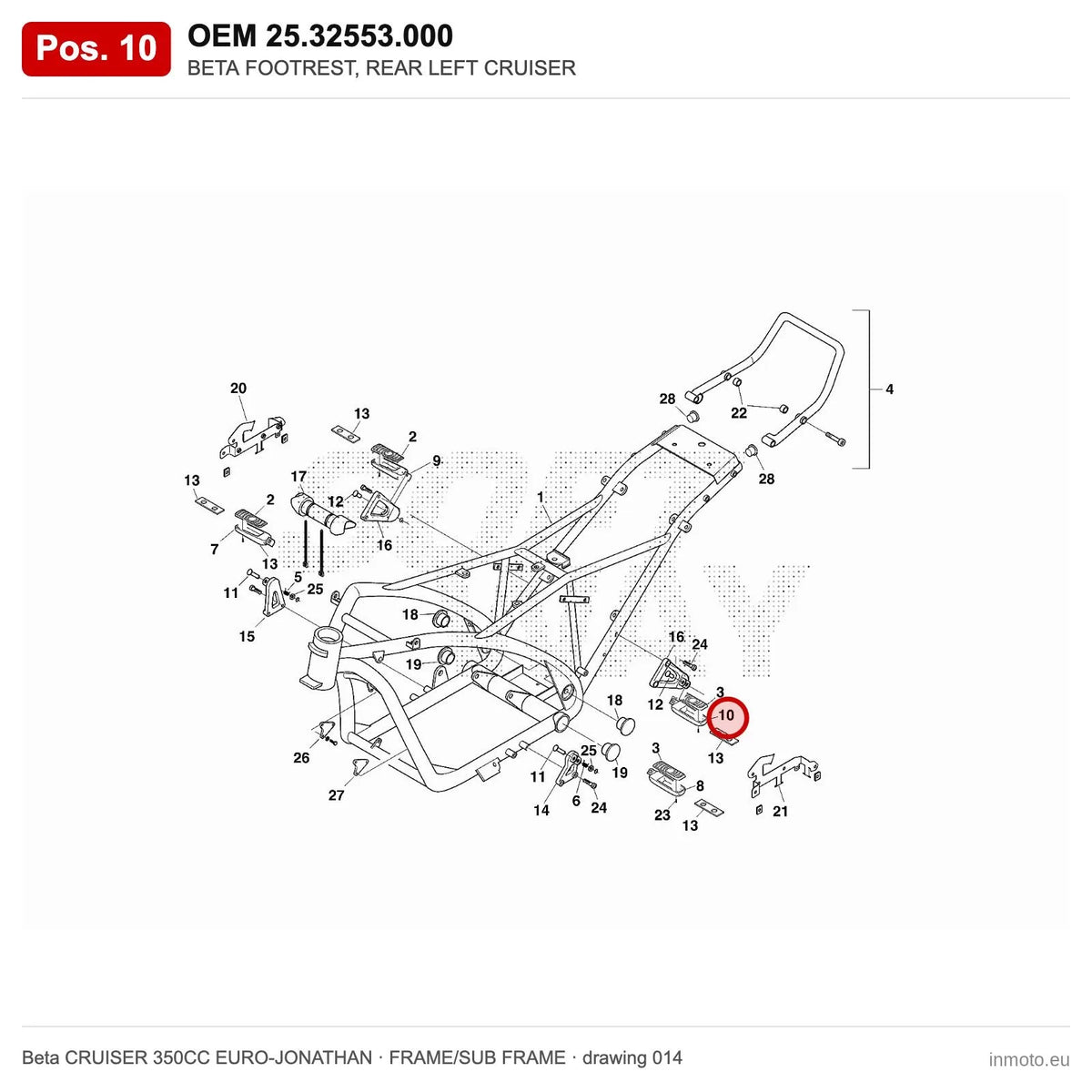 BETA FOOTREST, REAR LEFT CRUISER – OEM 25.32553.000, position 10 on the Beta CRUISER 350CC EURO-JONATHAN frame/sub frame drawing