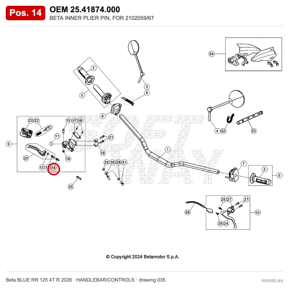 BETA INNER PLIER PIN, FOR 2102059/67 – OEM 25.41874.000, position 14 on the Beta BLUE RR 125 4T R 2026 handlebar/controls drawing