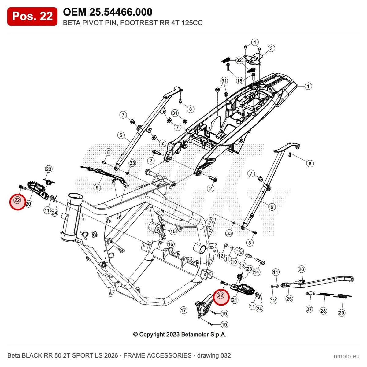 BETA PIVOT PIN, FOOTREST RR 4T 125CC – OEM 25.54466.000, position 22 on the Beta BLACK RR 50 2T SPORT LS 2026 frame accessories drawing
