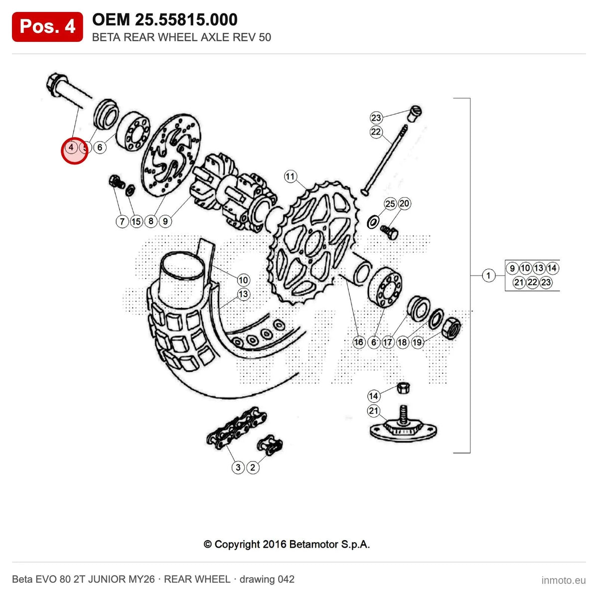 BETA REAR WHEEL AXLE REV 50 – OEM 25.55815.000, position 4 on the Beta EVO 80 2T JUNIOR MY26 rear wheel drawing