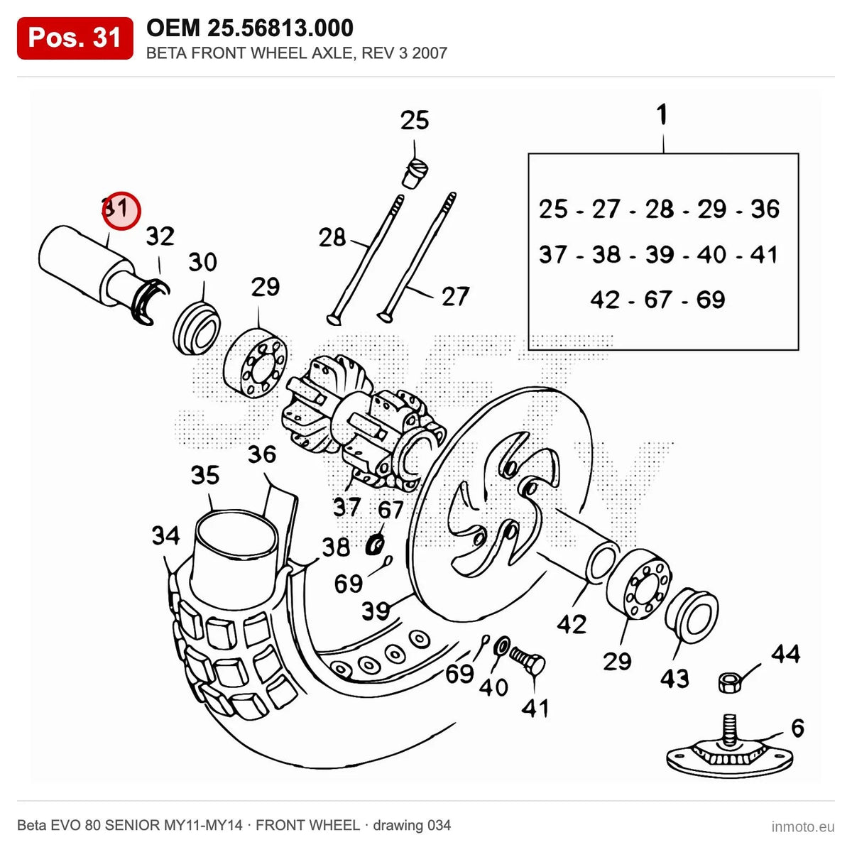 BETA FRONT WHEEL AXLE, REV 3 2007 – OEM 25.56813.000, position 31 on the Beta EVO 80 SENIOR MY11-MY14 front wheel drawing