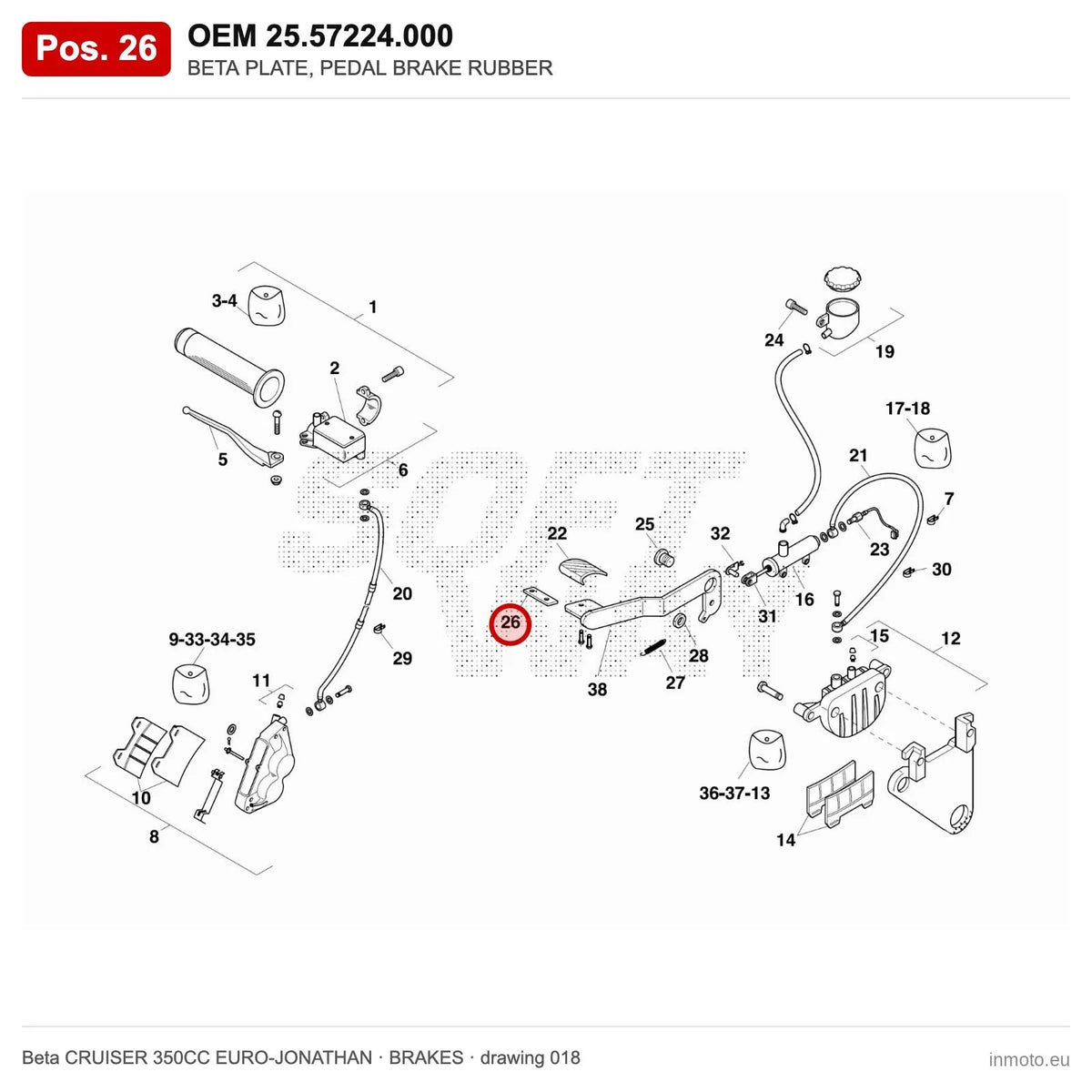 BETA PLATE, PEDAL BRAKE RUBBER – OEM 25.57224.000, position 26 on the Beta CRUISER 350CC EURO-JONATHAN brakes drawing