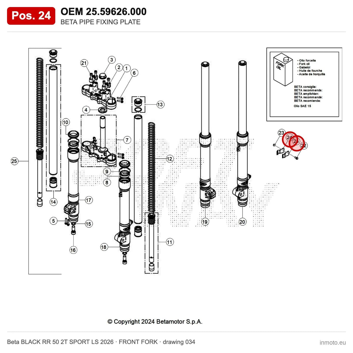 BETA PIPE FIXING PLATE – OEM 25.59626.000, position 24 on the Beta BLACK RR 50 2T SPORT LS 2026 front fork drawing