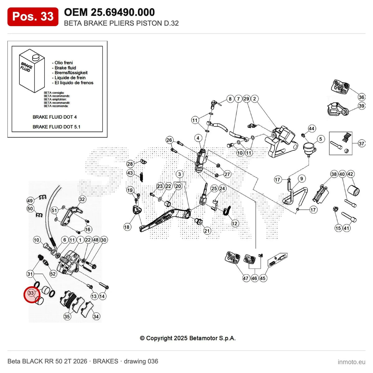 BETA BRAKE PLIERS PISTON D.32 – OEM 25.69490.000, position 33 on the Beta BLACK RR 50 2T 2026 brakes drawing