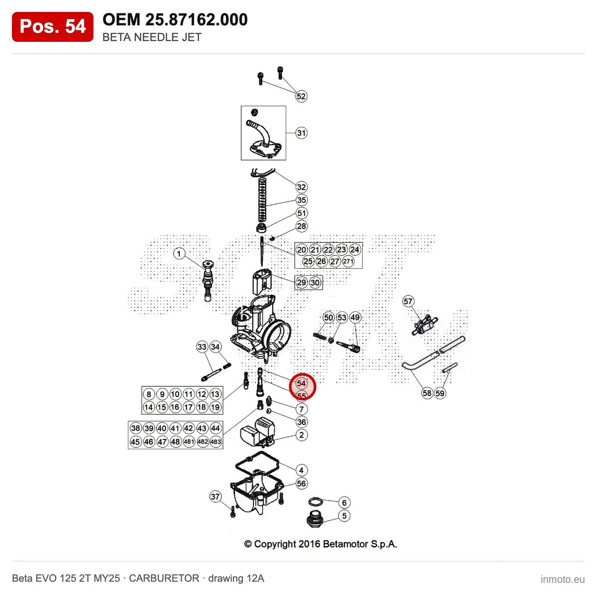 BETA NEEDLE JET – OEM 25.87162.000, position 54 on the Beta EVO 125 2T MY25 carburetor drawing