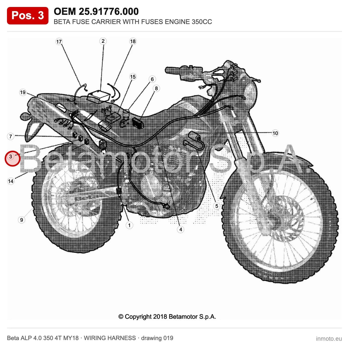 BETA FUSE CARRIER WITH FUSES ENGINE 350CC – OEM 25.91776.000, position 3 on the Beta ALP 4.0 350 4T MY18 wiring harness drawing