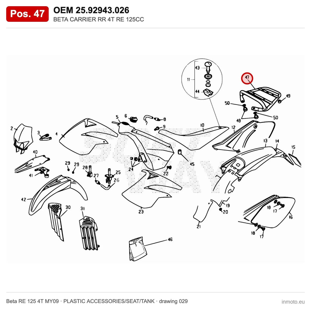 BETA CARRIER RR 4T RE 125CC – OEM 25.92943.026, position 47 on the Beta RE 125 4T MY09 plastic accessories/seat/tank drawing