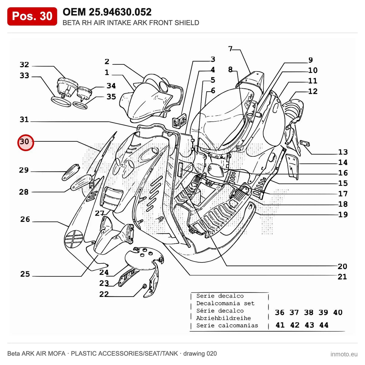 BETA RH AIR INTAKE ARK FRONT SHIELD – OEM 25.94630.052, position 30 on the Beta ARK AIR MOFA plastic accessories/seat/tank drawing