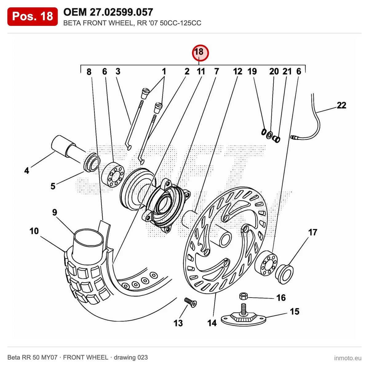 BETA FRONT WHEEL, RR '07 50CC-125CC – OEM 27.02599.057, position 18 on the Beta RR 50 MY07 front wheel drawing