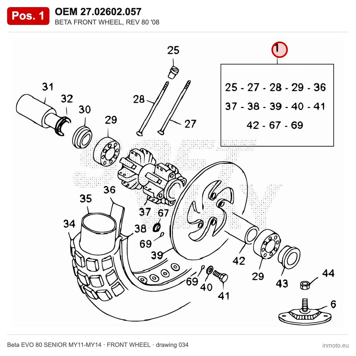 BETA FRONT WHEEL, REV 80 '08 – OEM 27.02602.057, position 1 on the Beta EVO 80 SENIOR MY11-MY14 front wheel drawing