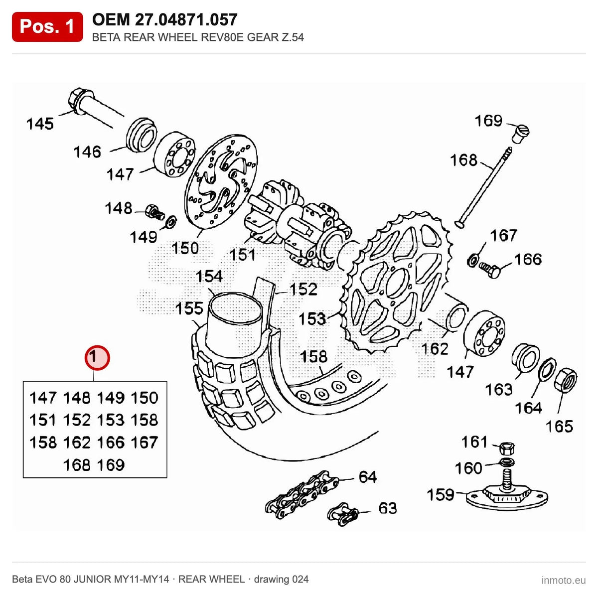 BETA REAR WHEEL REV80E GEAR Z.54 – OEM 27.04871.057, position 1 on the Beta EVO 80 JUNIOR MY11-MY14 rear wheel drawing