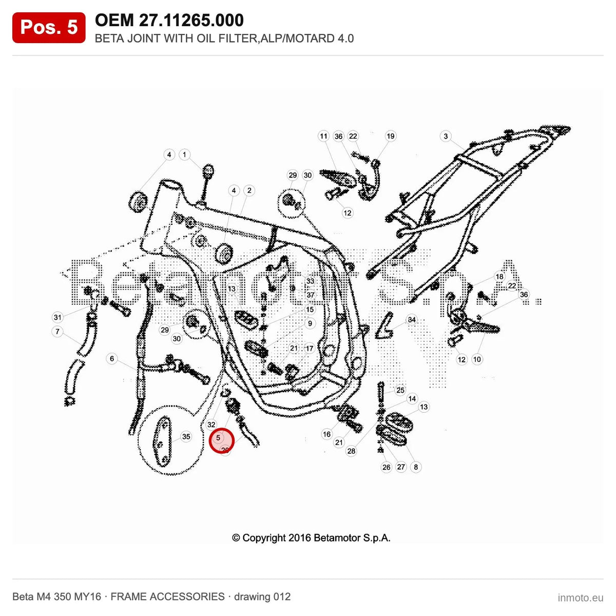 BETA JOINT WITH OIL FILTER,ALP/MOTARD 4.0 – OEM 27.11265.000, position 5 on the Beta M4 350 MY16 frame accessories drawing