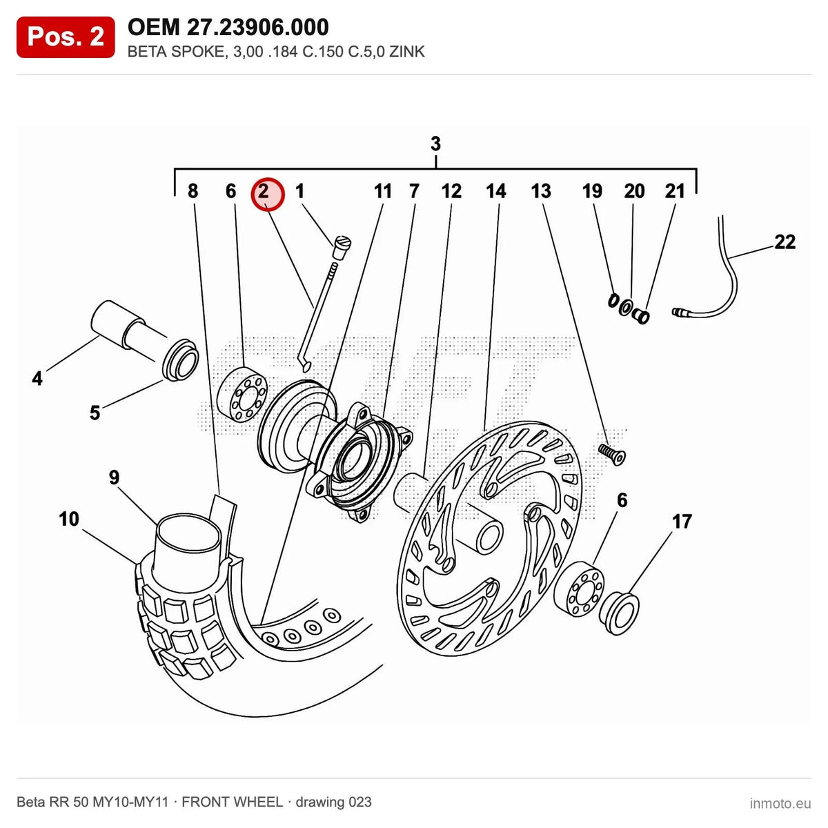 BETA SPOKE, 3,00 .184 C.150 C.5,0 ZINK – OEM 27.23906.000, position 2 on the Beta RR 50 MY10-MY11 front wheel drawing