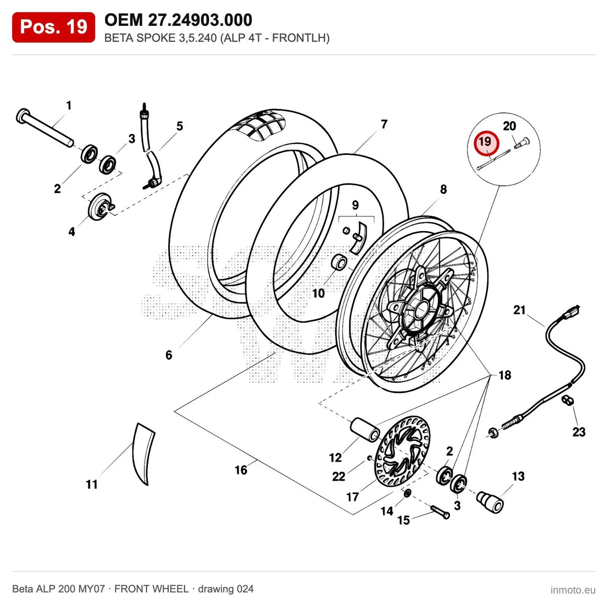 BETA SPOKE 3,5.240 (ALP 4T - FRONTLH) – OEM 27.24903.000, position 19 on the Beta ALP 200 MY07 front wheel drawing
