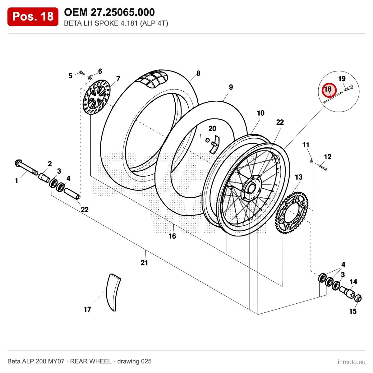 BETA LH SPOKE 4.181 (ALP 4T) – OEM 27.25065.000, position 18 on the Beta ALP 200 MY07 rear wheel drawing