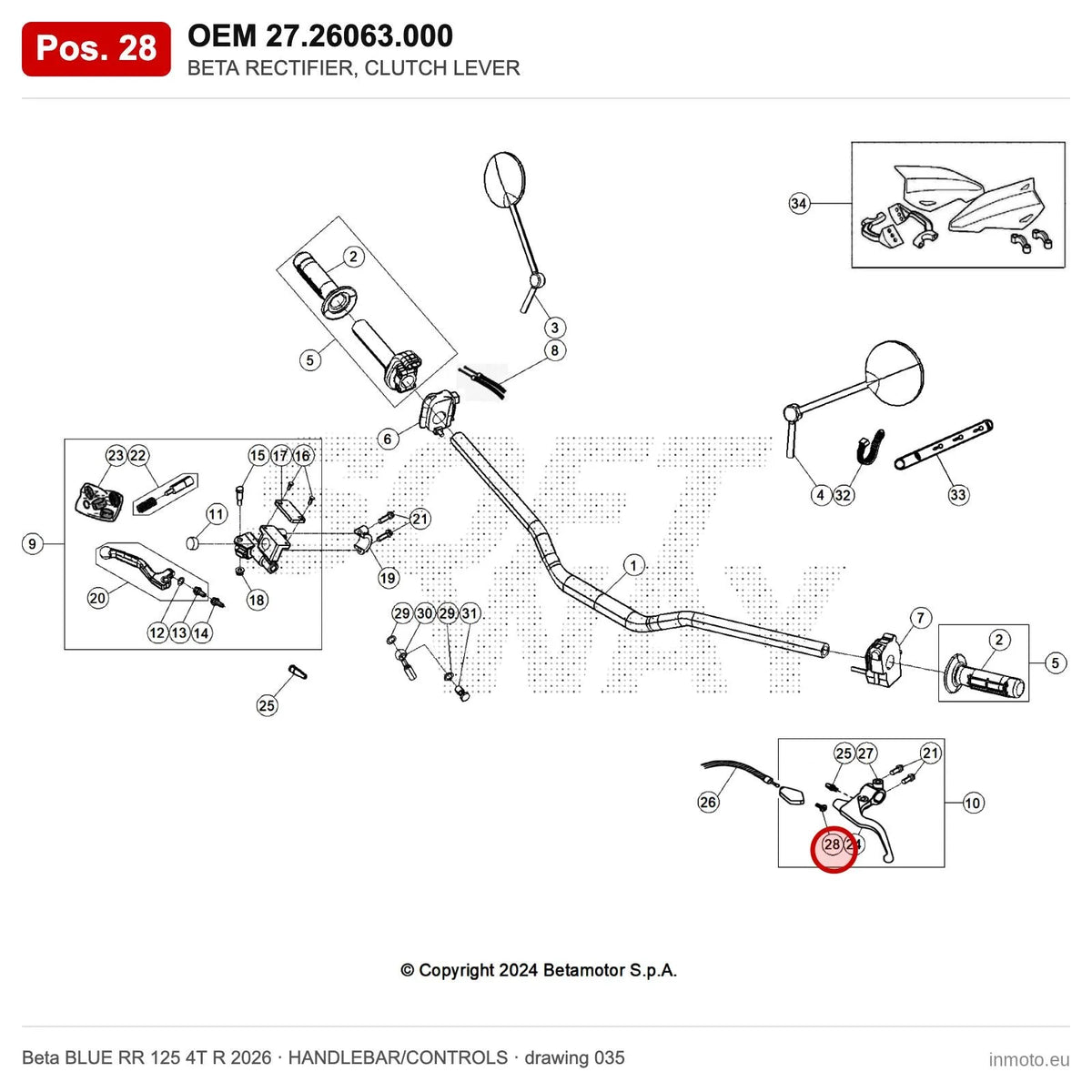 BETA RECTIFIER, CLUTCH LEVER – OEM 27.26063.000, position 28 on the Beta BLUE RR 125 4T R 2026 handlebar/controls drawing