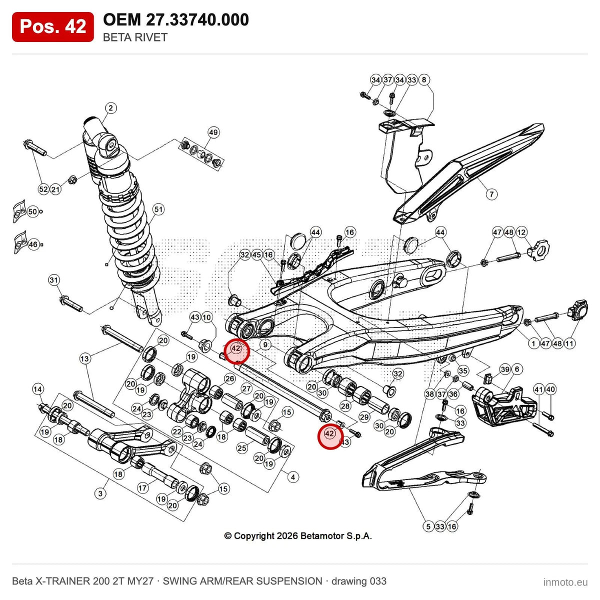 BETA RIVET – OEM 27.33740.000, position 42 on the Beta X-TRAINER 200 2T MY27 swing arm/rear suspension drawing