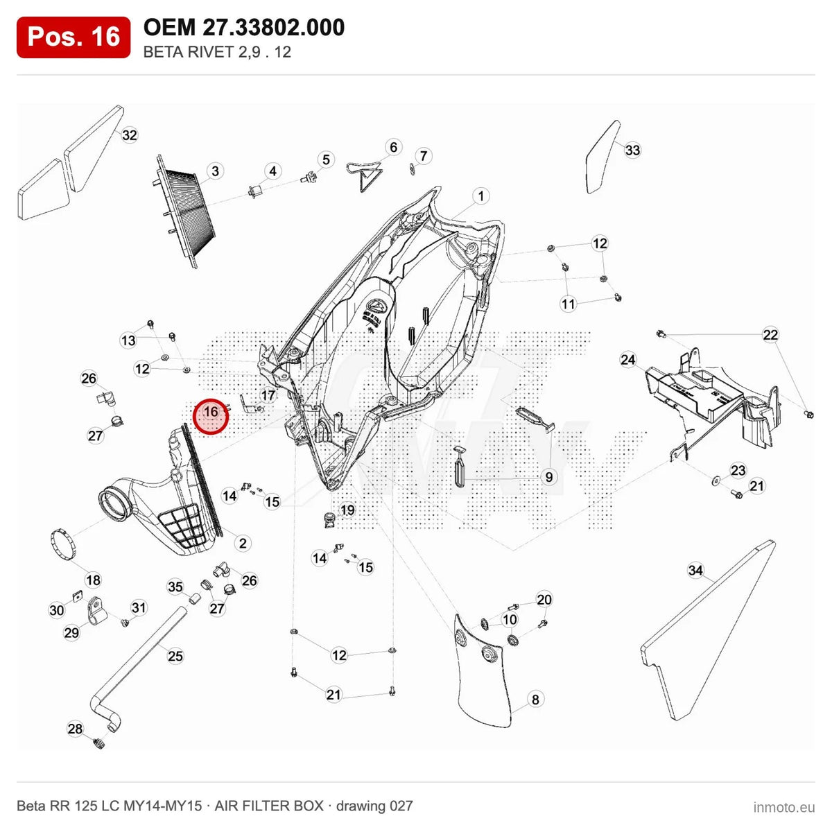 BETA RIVET 2,9 . 12 – OEM 27.33802.000, position 16 on the Beta RR 125 LC MY14-MY15 air filter box drawing