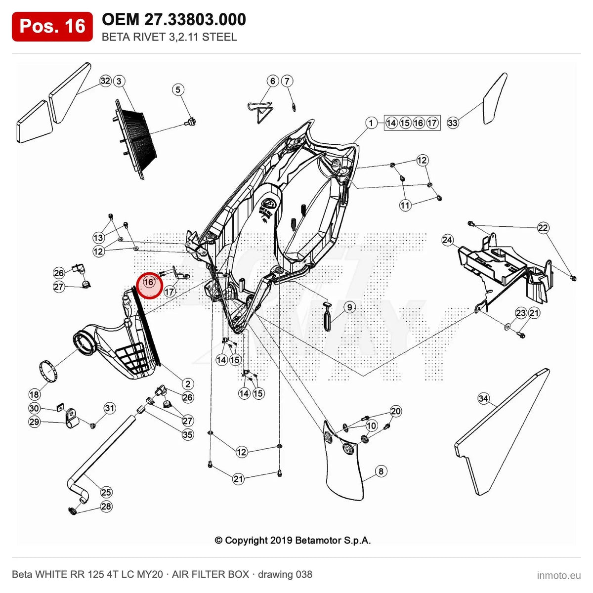 BETA RIVET 3,2.11 STEEL – OEM 27.33803.000, position 16 on the Beta WHITE RR 125 4T LC MY20 air filter box drawing