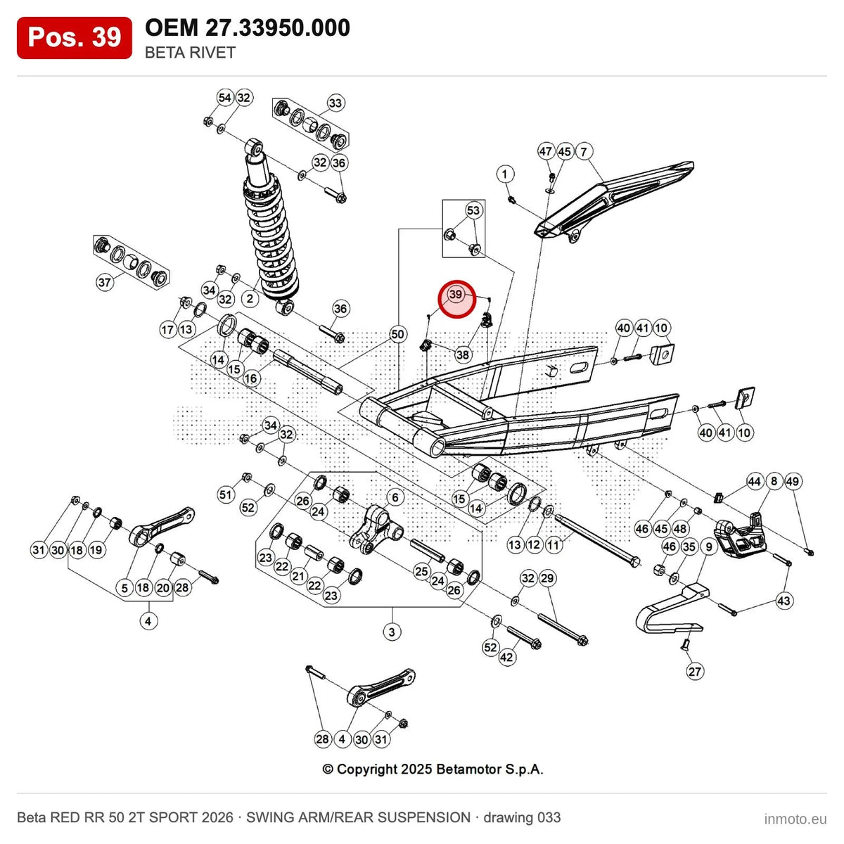 BETA RIVET – OEM 27.33950.000, position 39 on the Beta RED RR 50 2T SPORT 2026 swing arm/rear suspension drawing