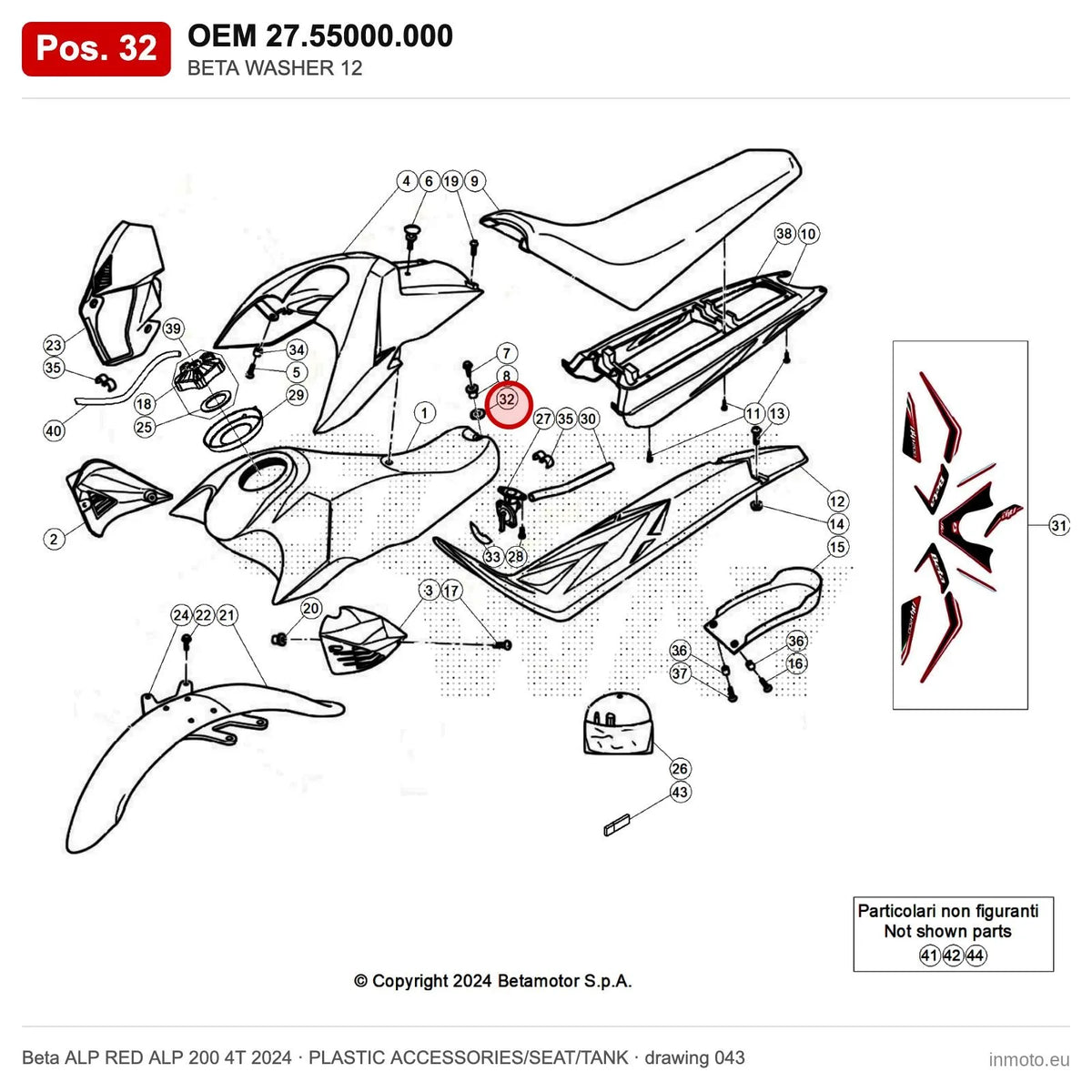 BETA WASHER 12 – OEM 27.55000.000, position 32 on the Beta ALP RED ALP 200 4T 2024 plastic accessories/seat/tank drawing