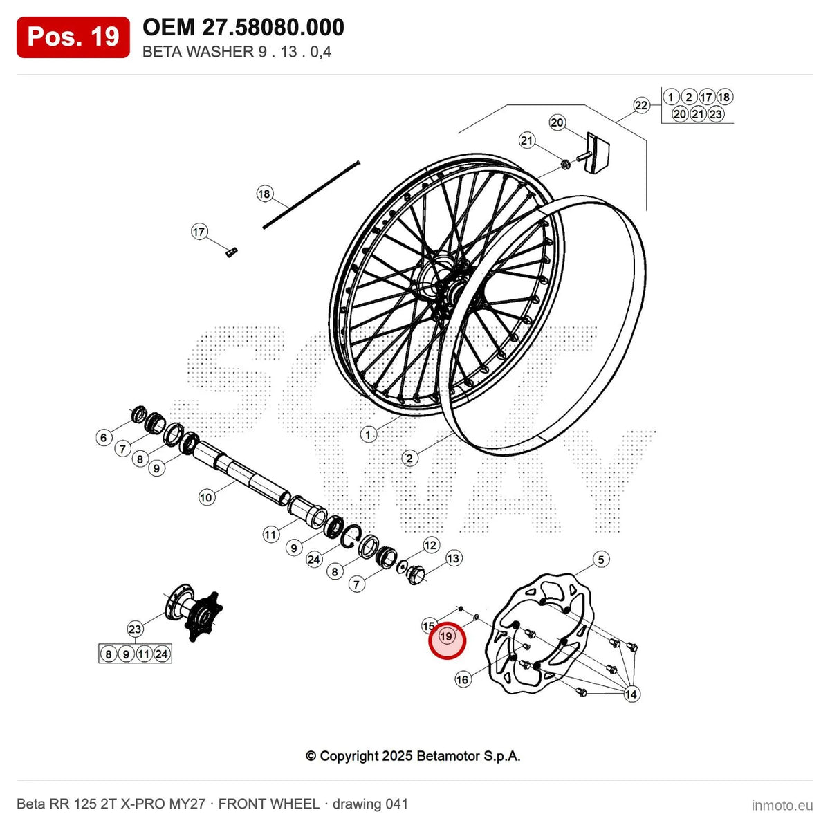 BETA WASHER 9 . 13 . 0,4 – OEM 27.58080.000, position 19 on the Beta RR 125 2T X-PRO MY27 front wheel drawing