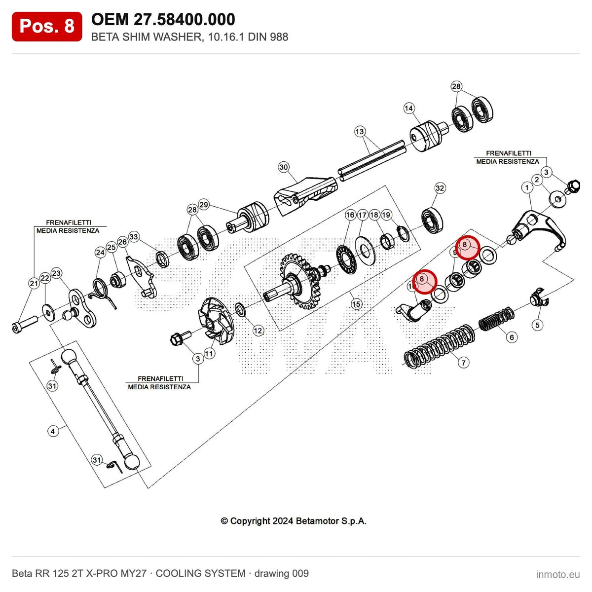 BETA SHIM WASHER, 10.16.1 DIN 988 – OEM 27.58400.000, position 8 on the Beta RR 125 2T X-PRO MY27 cooling system drawing